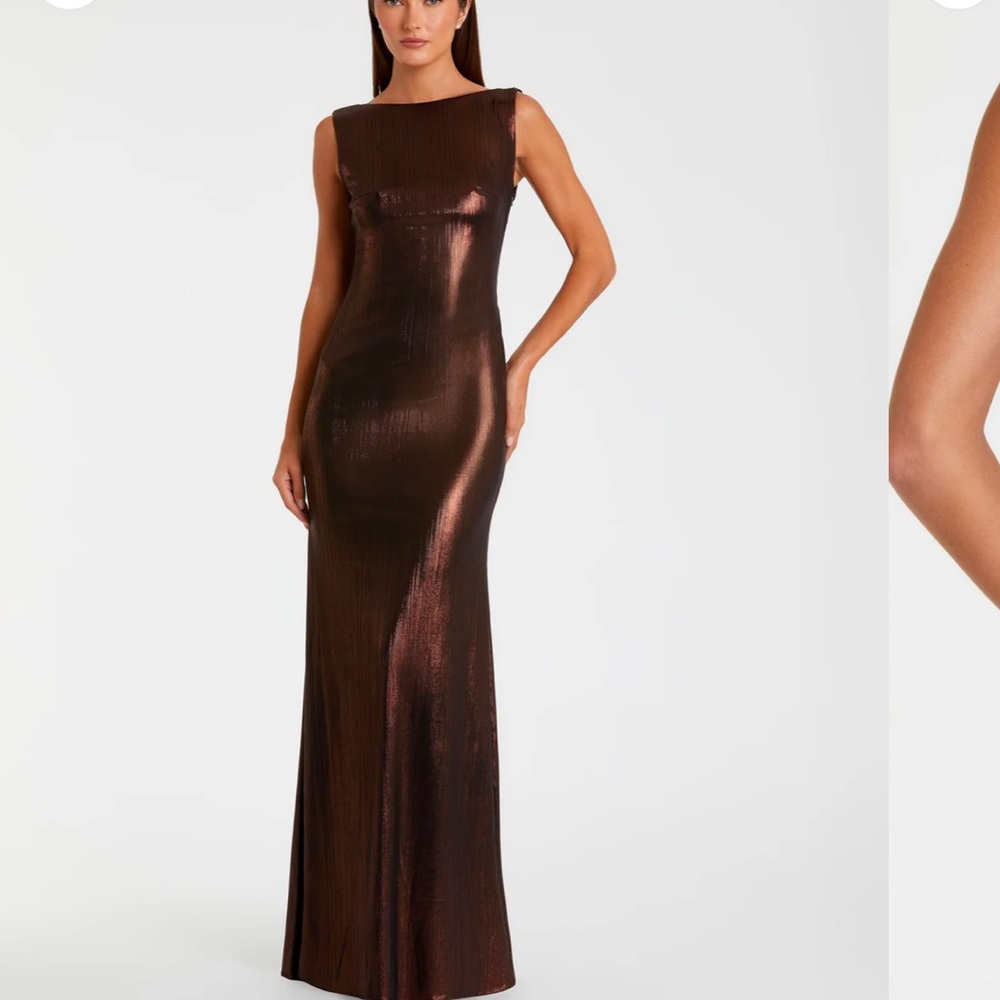 Mac Duggal Brown Metallic Jersey Cowl Back Column Gown size 4
